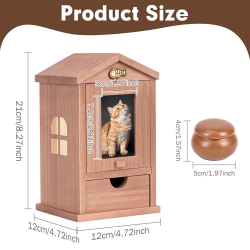 Wooden Cat Urn for Ashes, Pet Ashes Box with Movable Picture Frame Walnut Brown House S