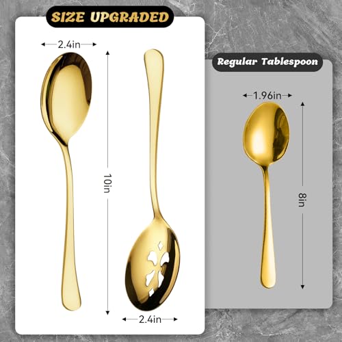 Gold 10-inch 6-piece serving spoon set by KEYOXY, includes 3 large and 3 slotted spoons for serving and cooking.