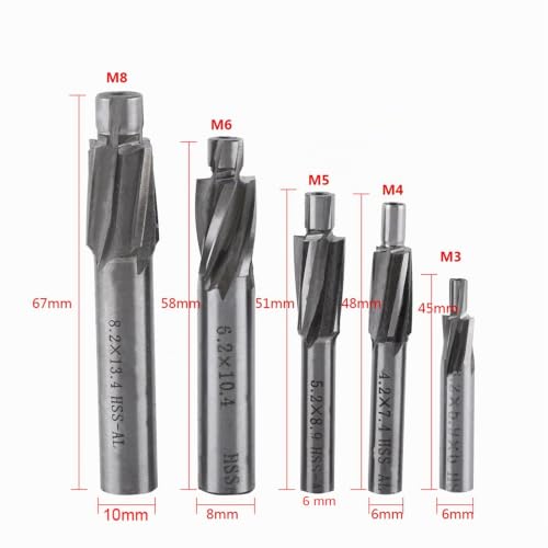 5 Pieces Countersink End Mill HSS-AL M3 M4 M5 M6 M8 4 Countersink Flutes Countersink End Mill Slot Drill Bit for Milling Copper, Aluminium, Steel, Cast Iron