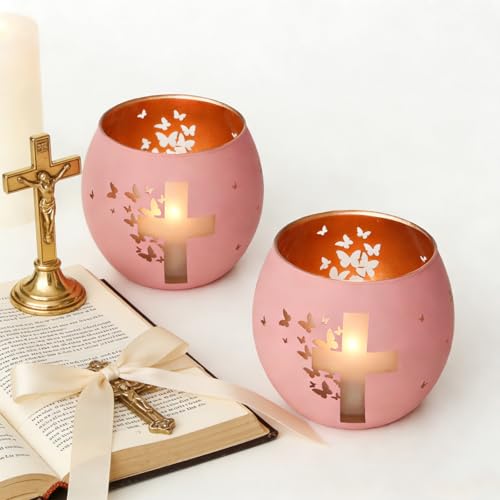 Pink Butterfly Cross Candle Holders 2Pcs Religious Christian Gifts Butterfly Pink
