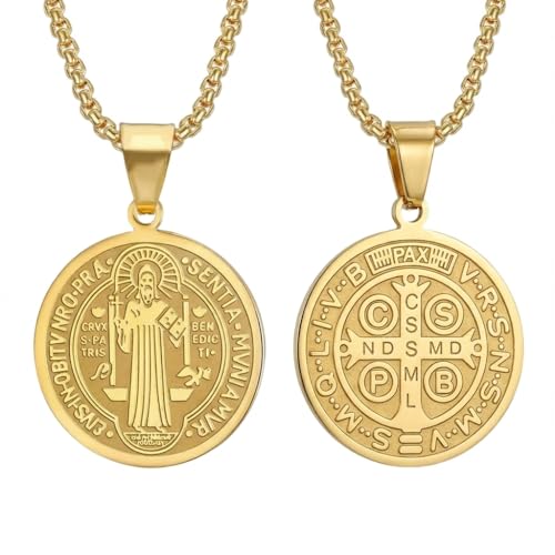Saint Benedict Medal Necklace for Men Women，Stainless Steel Double Sided Catholic Protection Pendant, St Benedict Medallion Exorcism Amulet for Faith Blessing, 24" Adjustable Chain Gold