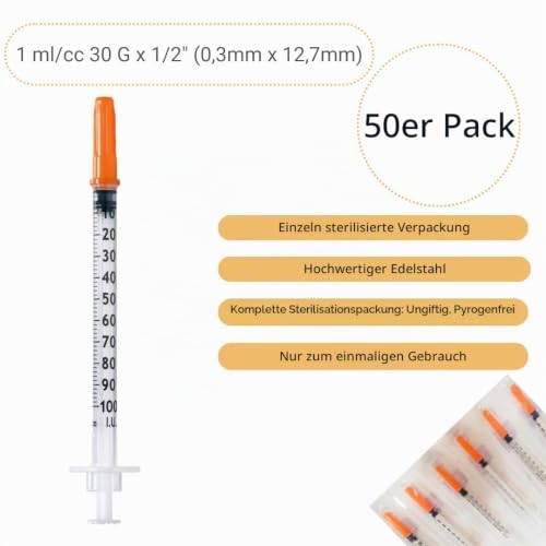 Pack of 50 1 ml/cc Plastic Tube 30G (0.3 x 12.7 mm), Multi-Purpose Measuring Tools, Individually Packed (30G 1/2 Inch)
