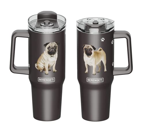 E&S Pets SERENGETI 40 Oz Ultimate Tumbler with Handle and Straw - Vacuum Insulated Tumbler with Straw and Lid - Stainless Steel Travel Mug for Pet Lovers - 3D Designs of your favorite Dog (Pug) Pug