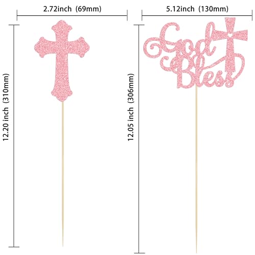 Gyufise 12Pcs God Bless and Cross Centerpiece Sticks Double Sided Cross God Bless Table Flower Centerpieces Sticks First Communion Baptism Decorations for God Bless Theme Party Supplies Pink