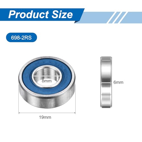sourcing map 8 Pcs 698-2RS Deep Groove Ball Bearing, 8x19x6mm Double Rubber Sealed and Pre-Lubricated, Chrome Steel Micro Bearings, (ABEC7, Z4 Low Noise)