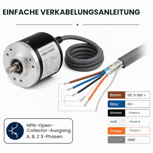 1000P/R Rotary Encoder, 300P/R to 2500P/R Incremental Encoder Module, DC 5-26 V, Universal Rotary Encoder, A, B, Z 3-Phase Output, with 2 m Cable 6 mm D-Wave, for Intelligent Control Path Measurement (1000P/R) 1000P/R