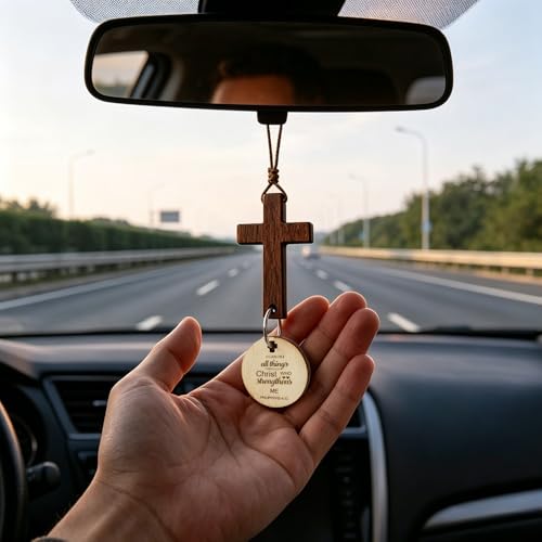 I Can Do All Things Through Christ Car Cross Hanging Accessories Bible Verse Rearview Mirror Decoration Christmas Christian Religious Gifts for Men Women New Driver Christian Car Accessories I can do all things through christ