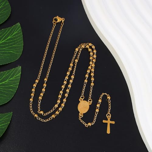Eigso Pearl Necklaces for Men Women Rosary Catholic Necklace for Man Woman Christian Crucifix Pendant Chain Necklace A4 : 3MM Gold