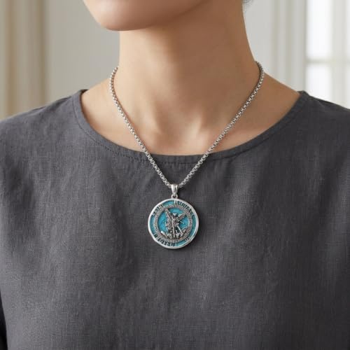 ONEFINITY St Michael Pendant for Men S925 Sterling Silver Saint Michael Turquoise Pendant Necklace Archangel Medal Catholic Religious Turquoise Jewelry Gifts for Men Women