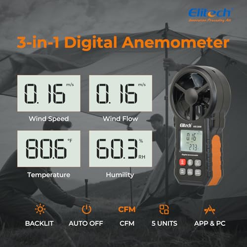 Elitech Bluetooth Wind Gauge, Digital Anemometer Wind Speed Measurement Temperature, USB Data Export, CFM/CMM Air Flow Measurement for HVAC & Environmental Testing ANE-200W