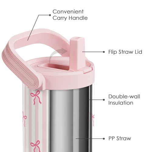 SANDJEST Bow Stainless Steel Straw Lid Tumbler 30oz with Carry Handle for Women Girls, Aesthetic Insulated Travel Coffee Cup, Gift for Sports Workout Christmas Birthday Bow 1