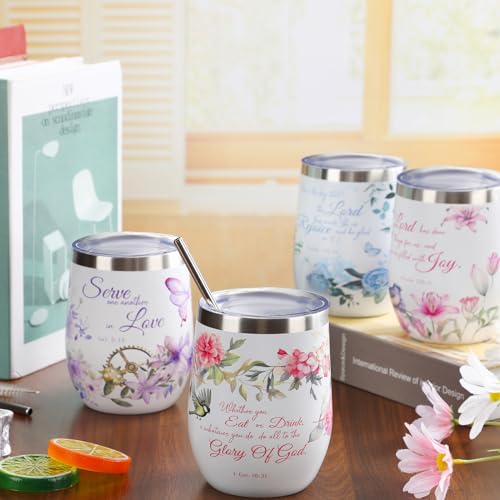 Sliner 4 Pcs Christian Gifts for Women 12 oz Floral Bible Verse Tumbler