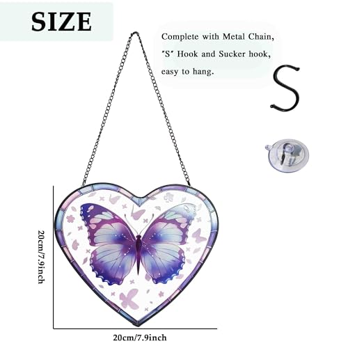 Purple Butterfly Stained Glass Window Hanging, Butterfly Suncatcher Window Wall Garden Decor with Chain, Heart Suncatchers Gift for Women, Mom, Wife, Aunt, 7.9 in Bible Verses