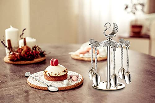 Decorative Swan Base Holder with 6 Spoons, Teaspoons, Coffee Dessert Spoons Set for Fruit, Stirring, Mixing, Sugar, Ice Cream, Cake (Silver) Silver