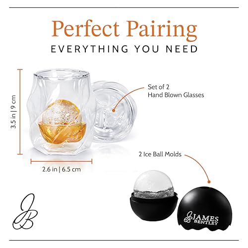 JAMES BENTLEY JB Whiskey Glasses, Set of 2 + 2 Slow-Melting Ice Ball Molds 6.0 ounces
