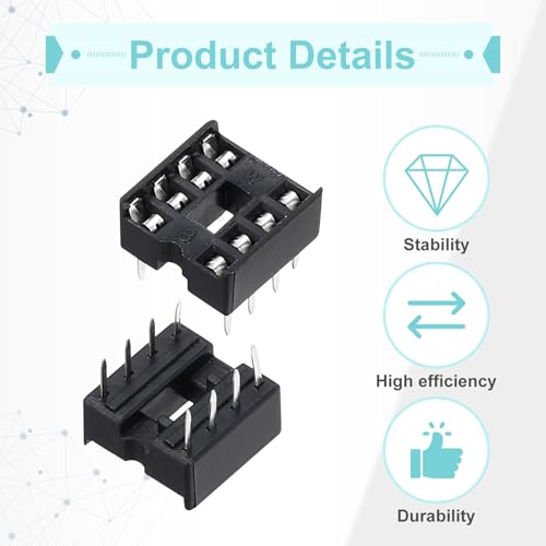 QUARKZMAN Pack of 80 DIP IC Sockets, 8-Pin Dip IC Sockets, 2.54 mm Pitch Flat Pin Chip Connector Adapter for Breadboard Project, PCB Board Design, Black 8 pin