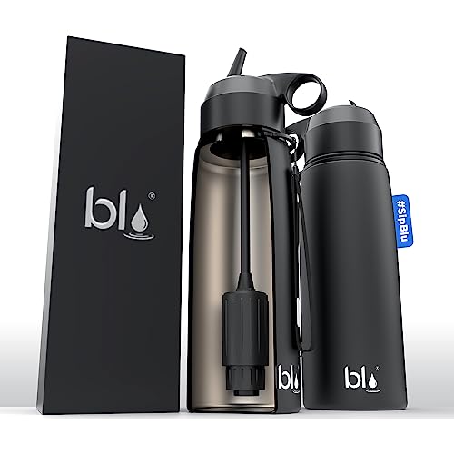 BLU All-in-ONE | Vacuum Insulated Stainless Steel Water Bottle Flask with a Filter (26oz) | Made in The USA | Removes 99.99% contaminants (Regular - Black) Bottle with Regular Filter