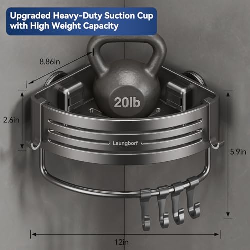 Gray corner shower caddies with suction cups, triangle-shaped, two-pack from LAUNGBORF, ideal for bathroom organization.