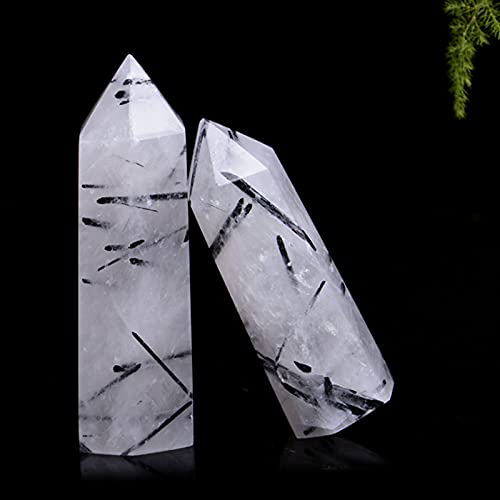 Acxico 1 pcs 7-8cm Natural Tourmaline Black Hair Quartz Crystal Hexagonal Point Wand Healing Reiki