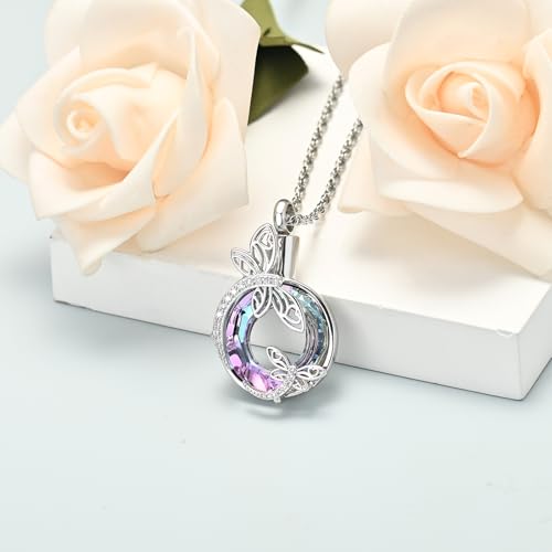 shajwo Cremation Jewelry Dragonfly Urn Ashes Necklace for Women Silver-purple