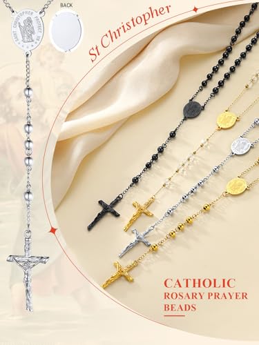 FaithHeart Rosary Beads Catholic Necklace for Women Saint Christopher/Michael/Virgin Mary Pendant Stainless Steel Crucifix Cross Charm Extra Long Chain Christian Amulet (6 Colours) 02.silver-christopher