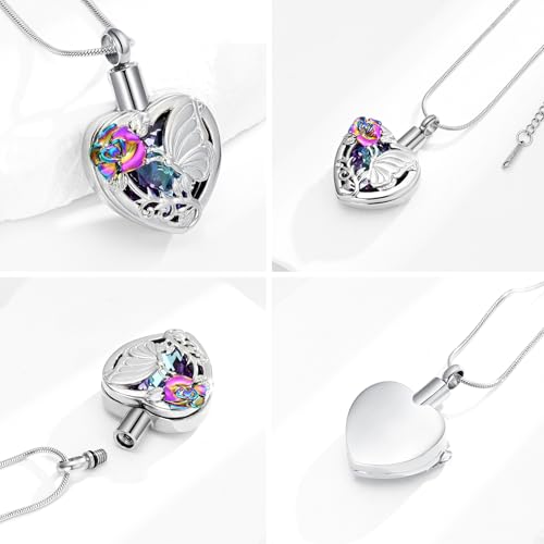 Hearbeingt Butterfly Heart Urn Necklace for Ashes Crystal Cremation Jewelry Purple-Colorful