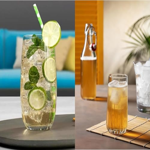 Light Fume Pink Ribbed Drinking Glass, Modern Highball Water Glass Blue PACK OF 6