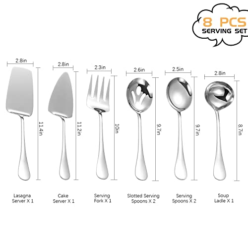 Stainless Steel Serving Utensils,8 Pcs Serving Set with Serving Spoons,Serving Fork,Soup Ladle,Lasagna Server,Pie Server,Polished Serving Utensil Set for Buffet Parties Home,Dishwasher Safe Silver 8 Pcs