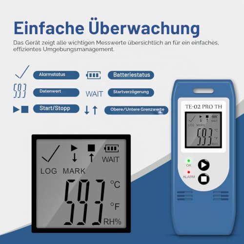 ThermElc TE-02 Pro TH USB Temperature Humidity Data Logger - High Precision Temperature Performance Monitor, Auto PDF/CSV Reporting, 32,000 Memory Points, CFR Part 21 Compliant with Alarm 1 piece.
