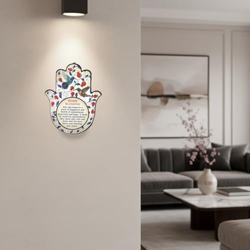 Epoxy Hamsa English Home Blessing 7.5" with Red Pomegranates Motif - Good Luck Hamsa Hand Wall Hanging Decor, Evil Eye Protection Amulet Set 7