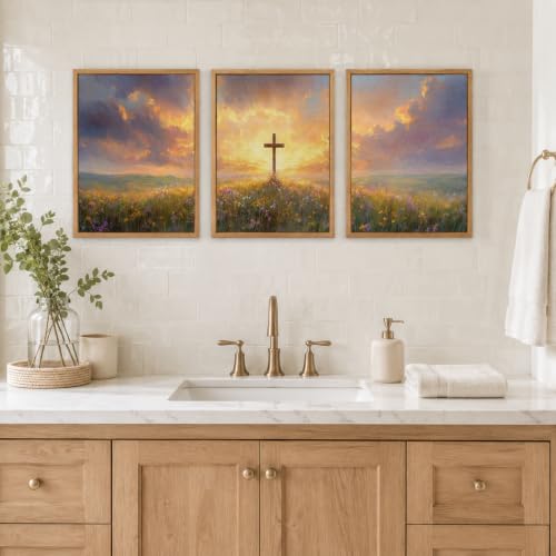 Religious Canvas Wall Art 3Pcs Framed Sunset Cross Landscape 16x12 Inch Cross Sunset 023 16"L x 12"W