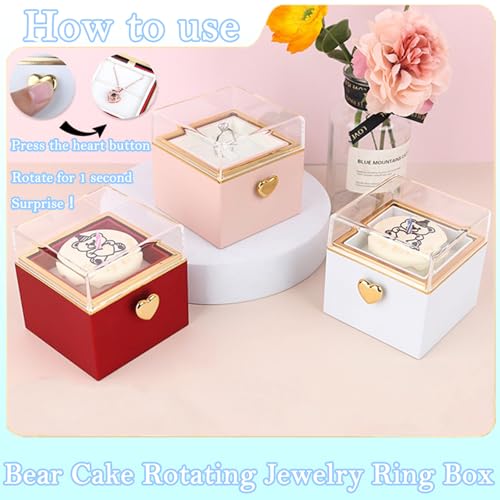Little Bear Cake Rotating Engagement Ring Box for Proposal, Surprise Ring Necklace Box for Wedding Anniversary Birthday Mothers Day Gifts, Surprise Ring Beare Jewelry box for Women white