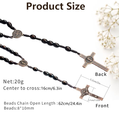 Natural Wood Catholic Rosary Necklace with Saint Benedict Medal