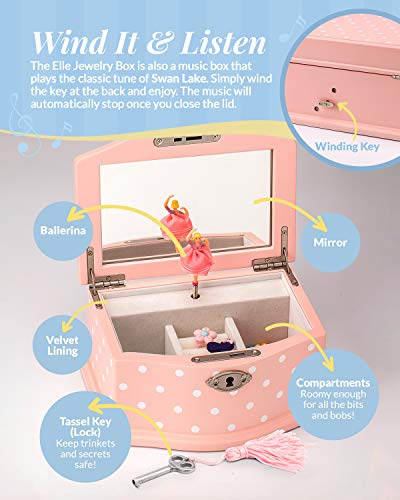 Elle Jewelry Box - Ballerina Jewelry Organizer and Swan Lake Wind-Up Music Box for Girls and Teens, Accessories and Keepsake Wooden Storage with Lock and Mirror, Charming Room Decor and Gift, Small Pink