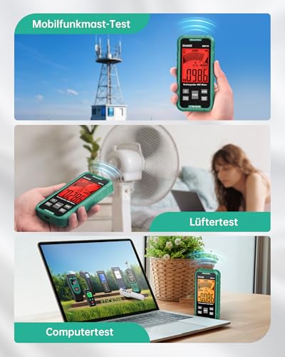 ERICKHILL EMF Meter, 3-in-1 Portable Electrosmog Meter & Ghost Hunting Equipment for RF, EF, MF & WLAN, Radiation Meter with 3-Colour Alarm, Rechargeable Battery for Home, Office & Outdoor MF/EF/RF dashboard