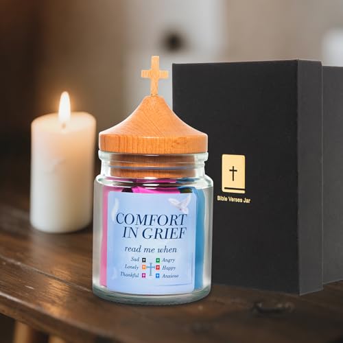 Bible Verse Jar Christian Gift for Women Inspirational Emotion-Focused Scripture Premium Wooden Lid with Cross (Comfort in Grief) Comfort in Grief