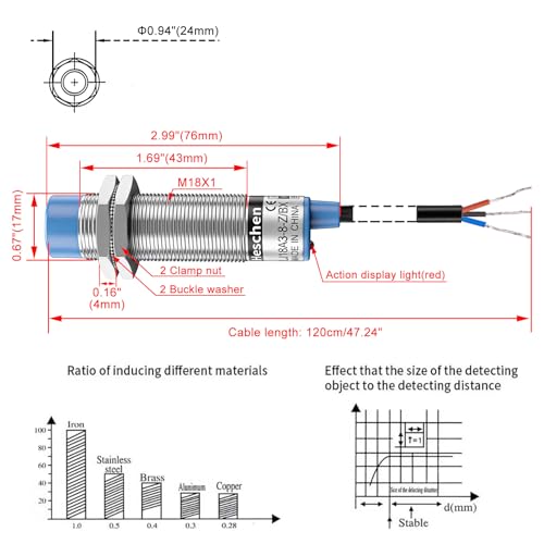 Heschen M18 Inductive Proximity Switch, 8 mm, Non-Flush, NPN N/O | 10-30VDC, 200mA, 3-conductor LJ18A3-8-Z/BX, non-flush (clearance required), ideal limit switch for CNC 8mm non-b. NPN NO
