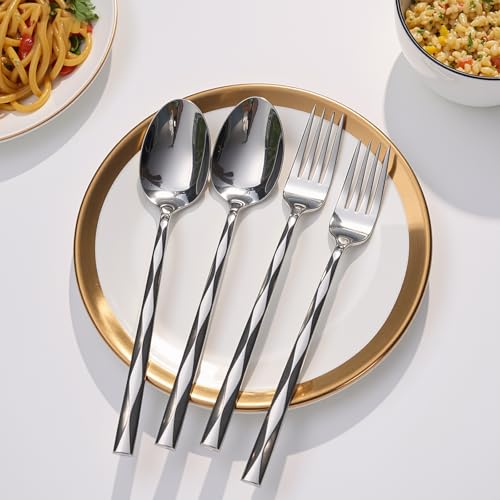 12-Piece Stainless Steel Spoon and Fork Set for Everyday Home Use, Diamond Cut Mirror Polished Heavy Duty Dinnerware, 6x8" Large Forks & Spoons, Dishwasher Safe Flatware Set for Kitchen Restaurant 12PCS (6 Spoons + 6 Forks) 8.26 Inch