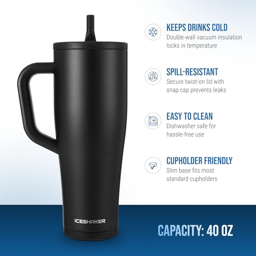 Ice Shaker 40 oz Tumbler with Handle and Straw | 40oz Black | Cold for 30+ Hours | 2-in-1 Tumbler Shaker Bottle | Odor-Free 40 ounce Bottle for Water, Protein Shakes, Smoothies, Cocktails