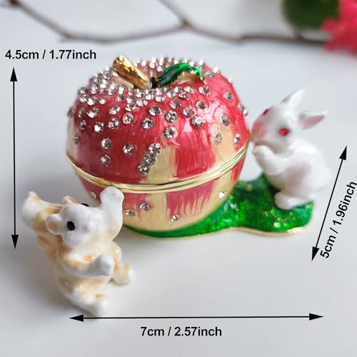 Apple Bunny Squirrel Jewelry Box Ring Necklace Earring Trinket Holder Hand Painted Rabbit & Squirrel Ornamental For Home & Office Decor Gift For Lady Friends Birthday Red