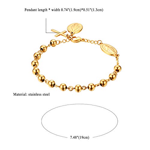 Flongo Cross Rosary Beads Bracelet, Vintage Stainless Steel Jesus Christ Crucifix Cross Bracelet for Men Women Christmas Wedding Gold