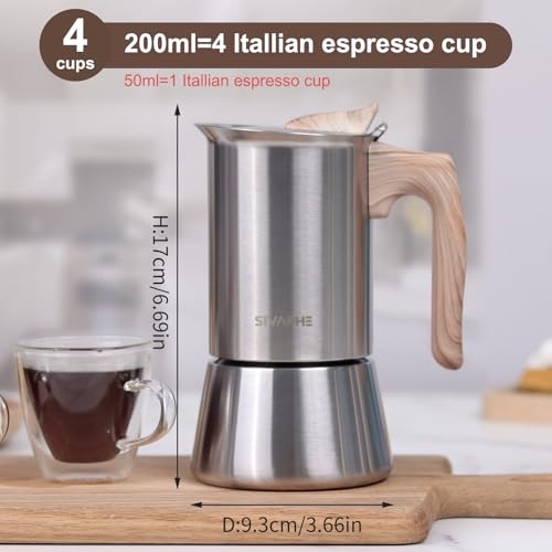 Sivaphe4 cups Stainless Steel Stovetop Espresso Coffee Maker | Induction Support 10 oz Intalian Moka Pot | Durable Cuban Coffee Maker 200ml(1 Cup=50ml) 4 CUP stainless