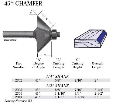 Whiteside 2302 45 Degree Chamfer Router Bit: 45 Degree Angle, 5/8 Inch Cutting Length, 7/16 Inch Cutting Height, 1/4 Inch Shank,1-3/8 Inch Large Diameter