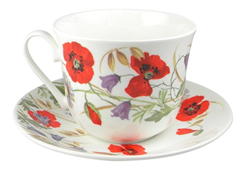 Roy Kirkham English Meadow Poppy Flower Breakfast Teacup and Saucer Set Fine Bone China
