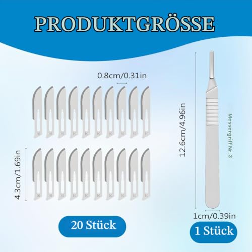 20 Scalpel Blades Disposable Scalpel Blades Replacement Blades No. 10 | Packed with 1, for cutting pedicures, craft modelling cutting materials, and leather, 20 pieces, individually packaged