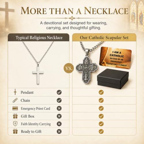 Catholic Four Way Scapular Medal Necklace with Alloy Cross Pendant, 20 Inch Stainless Steel Chain, Emergency Priest ID Card and Gift Box, Sacred Heart, St. Joseph, St. Christopher silver