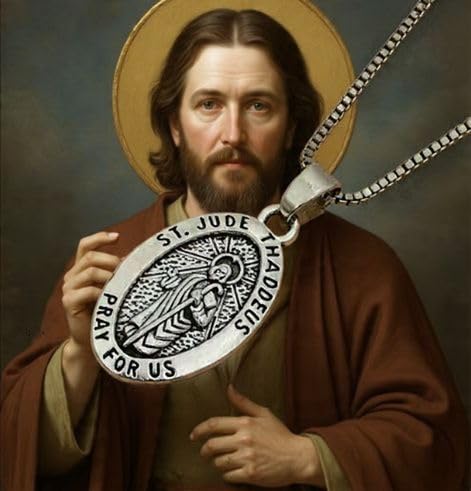 Royal Swan Antique Silver St Jude Thaddeus Medal Necklace, Patron Saint Pendant, 60cm Sterling Silver Plated Box Chain, Christian Jewelry with Velvet Gift Bag. Medal 28x16mm.