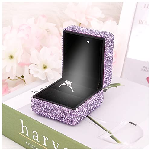 Naimo Luxury Rhinestone Engagement Ring Box Velvet Ring Case Display Organizer Storage LED Light Jewelry Gift Box for Proposal Wedding Anniversary Birthday Purple
