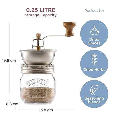 Kilner Seasoning Grinder 250 ml Glass Jar with Ceramic Grinder for Salt, Pepper, Herbs and Spices One Size