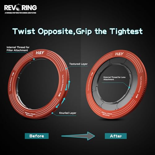 H&Y RevoRing Adjustable 52-72mm to 77mm Step Up Ring for Filters | 52-72mm to 77mm Variable Step Up Ring, Secure Turn-Hold Lock, Lens Filter Adapter Ring, Aluminum, Red